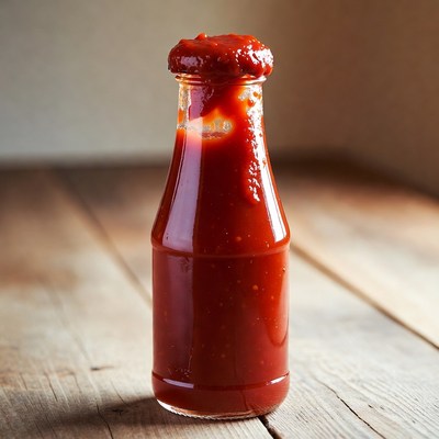 Ketchup bottle on wooden table