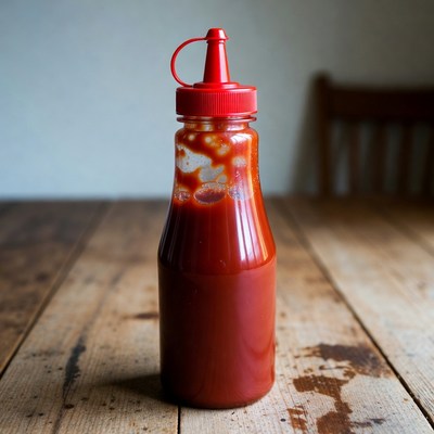 Red Ketchup Bottle on Wooden Table