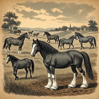 Horses Grazing in Vintage Illustration