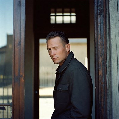 Man in black jacket at wooden doorway