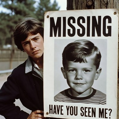 Teen boy holding missing child poster