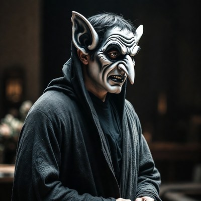 Man wearing grotesque bat mask