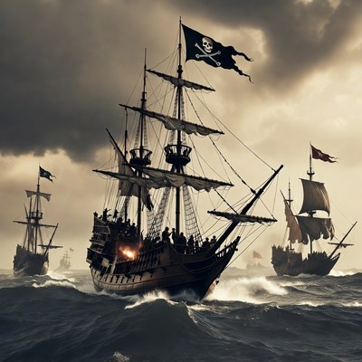 Pirate Ships Sailing Stormy Ocean