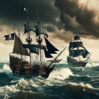 Pirate Ships Sailing Stormy Seas
