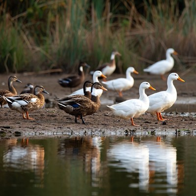 Ducks by pond in reeds