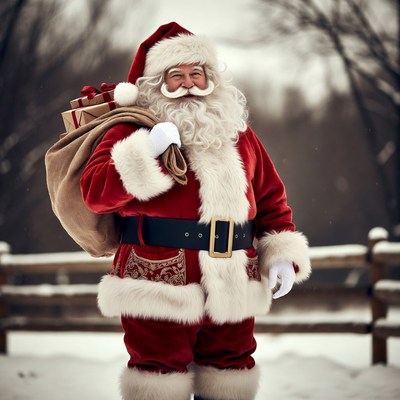 Santa Claus with sack in snowy woods