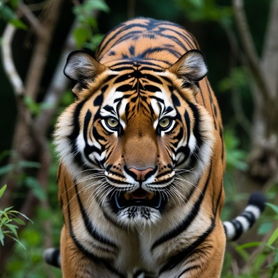 Tiger stalking in jungle foliage