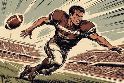 Football player catching ball in stadium