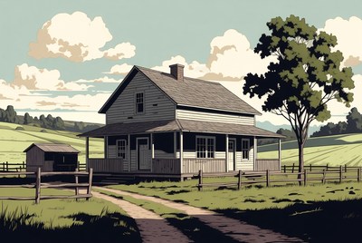 Farmhouse by Tree in Fields