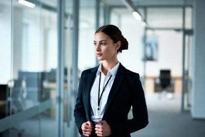 Businesswoman holding coffee in office