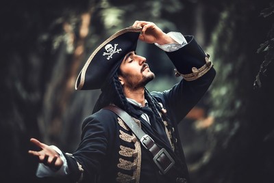 Pirate man tipping hat in forest