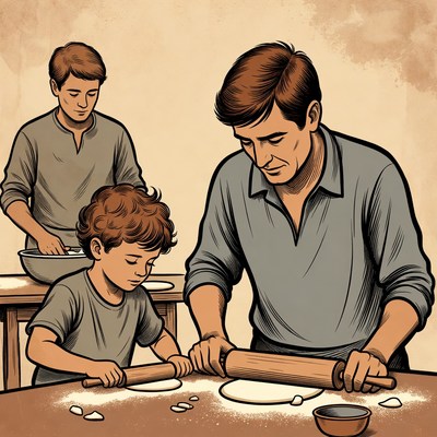 Father and sons rolling dough