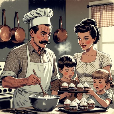 Family baking cupcakes in vintage kitchen