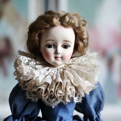 Vintage porcelain doll in blue lace dress