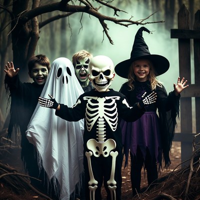 Four kids in Halloween costumes in foggy forest