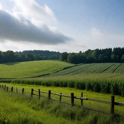 Green fields with corn and wooden fence