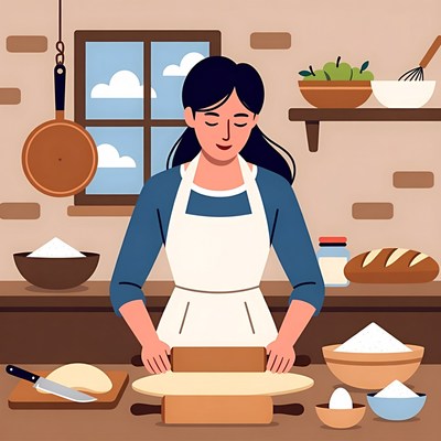 Woman rolling dough in kitchen