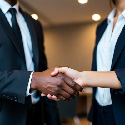 African-American man shaking hands with Asian woman