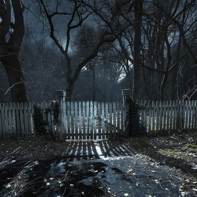 Eerie foggy graveyard gate at night