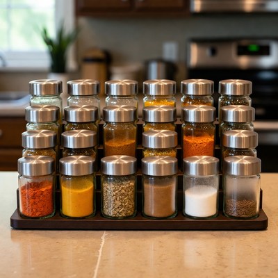Spice Jars on Wooden Rack