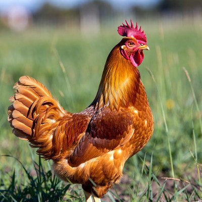 Rooster standing in green field