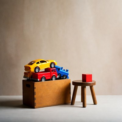 Toy cars and train in wooden box