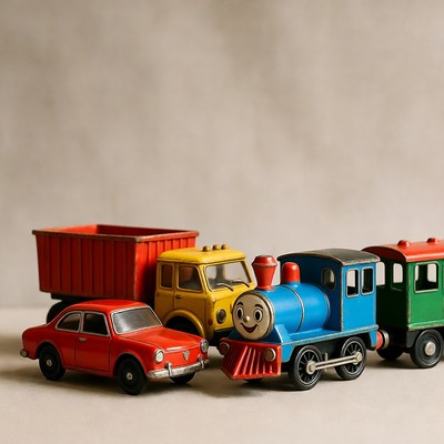 Colorful Toy Cars and Train