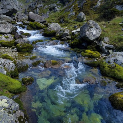 Mountain Stream with Mossy Rocks