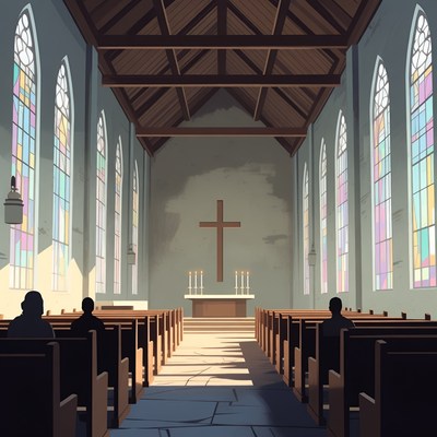 Anime Church Interior with Silhouetted Worshippers