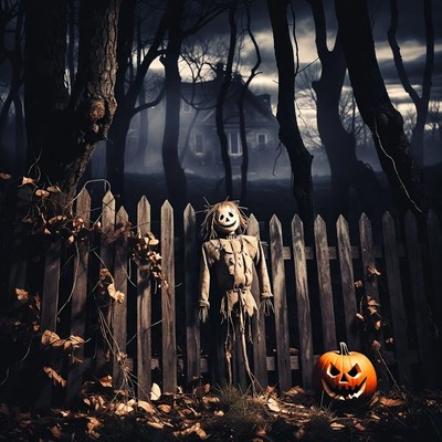 Scarecrow with pumpkin by haunted house
