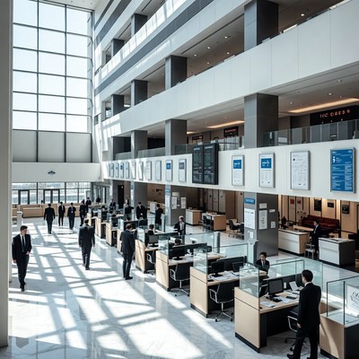 Businessmen in modern bank atrium