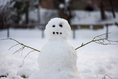 Snowman with stick arms in snow