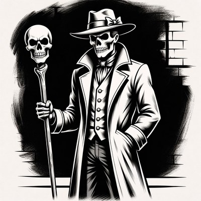 Skeleton holding skull staff