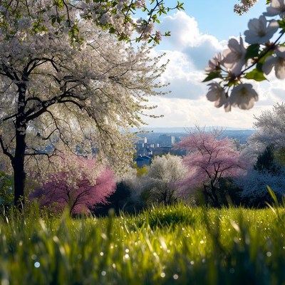 Cherry Blossoms Overlooking City Landscape