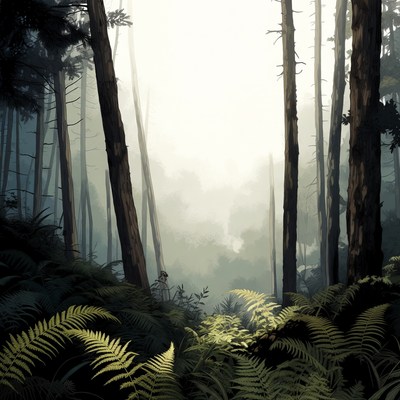 Misty Pine Forest with Ferns