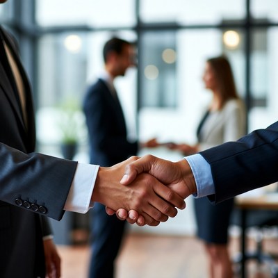 Businessmen shaking hands in office