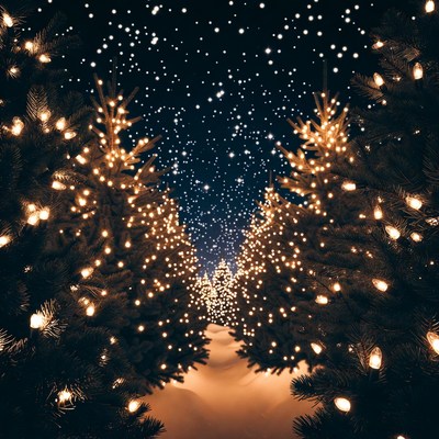 Snowy Christmas Trees with Lights Path