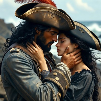 Pirate couple kissing by ocean