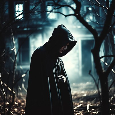 Hooded man in dark haunted forest