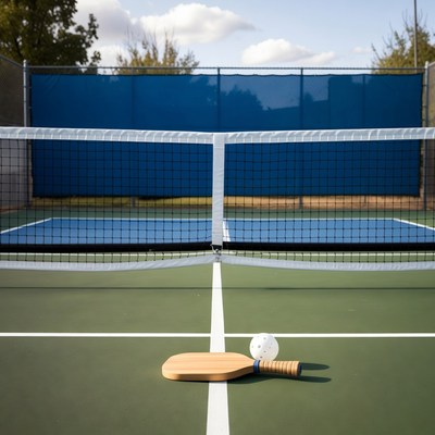 Pickleball Paddle and Ball on Court