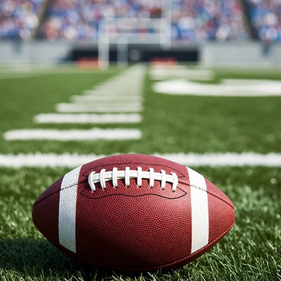 Football on Field with Stadium Background