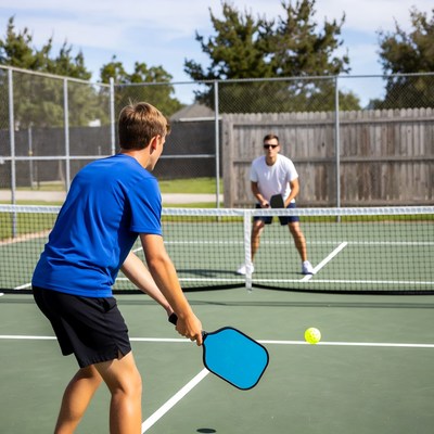 Two men playing pickleball on court