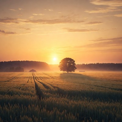 Sunrise over wheat field with lone tree