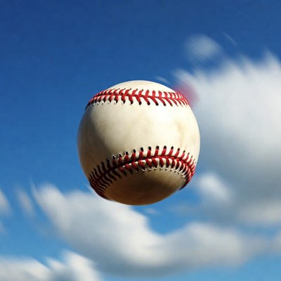 Baseball flying in blue sky