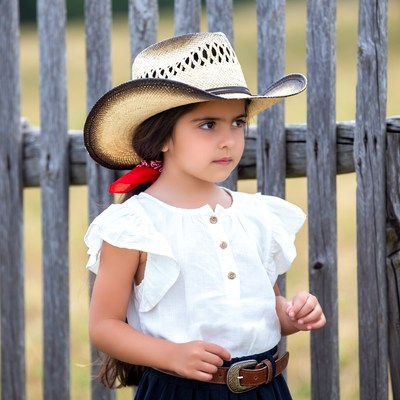 Girl in cowboy hat by wooden fence