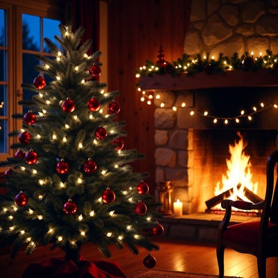 Christmas tree by cozy fireplace