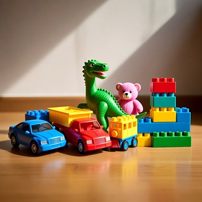 Colorful toy cars dinosaur blocks train
