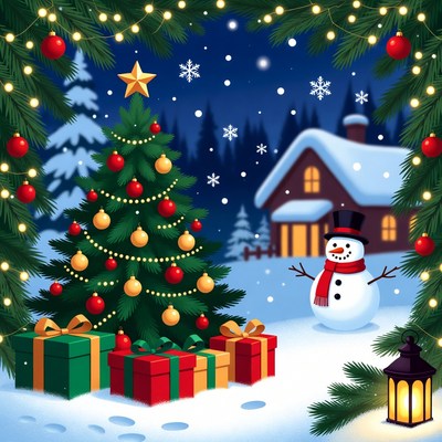 Snowman Christmas Tree Snowy Cottage