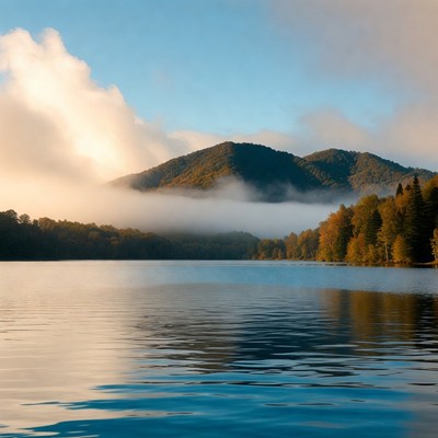 Mountain Lake with Autumn Fog