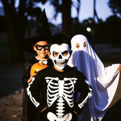 Three kids in Halloween costumes